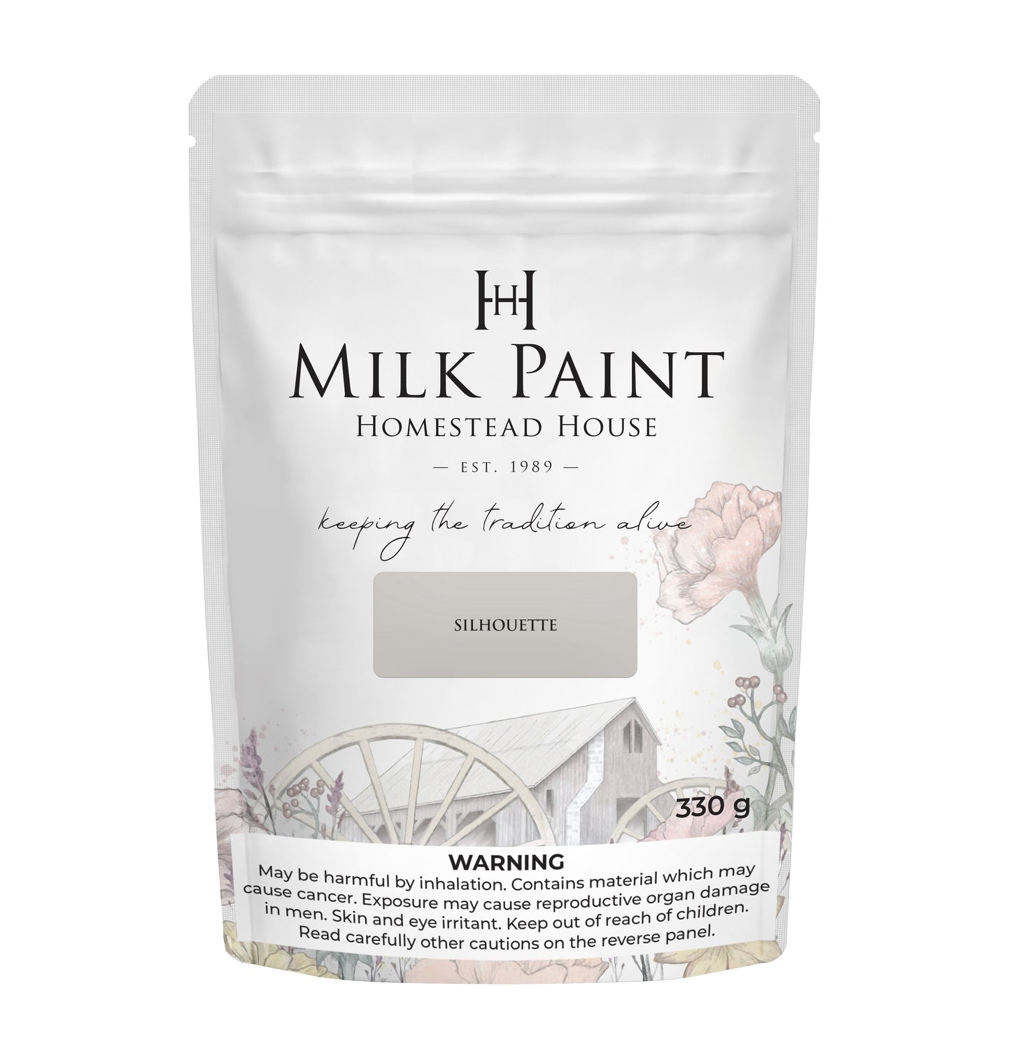 Packaging of Silhouette Homestead House Milk Paint with floral design and text.
