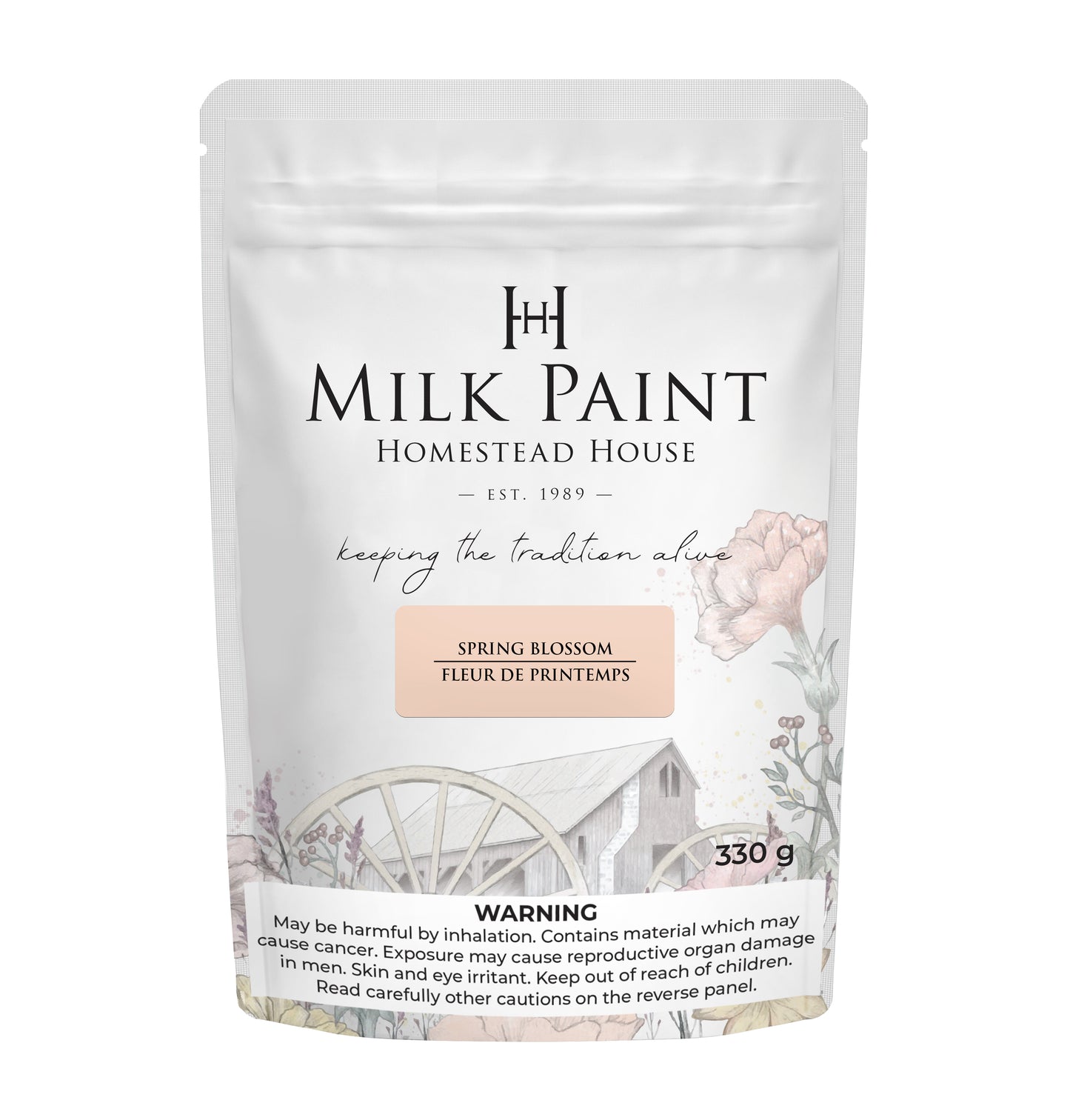 Packaging of Homestead House Milk Paint in Spring Blossom color on a white background