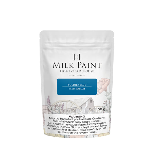 Soldier Blue Milk paint container with 'Homestead House' branding on a white background
