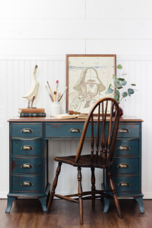 Kentucky Green vintage desk with chippy milk paint , vintage oak chair and brass handles