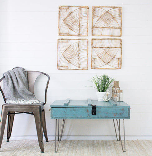 Beachy industrial desk with steel long legs and chippy homestead House Niagra blue milk paint
