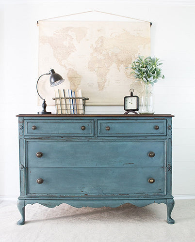 Quaker Blue Milk Paint texture on chest of drawers in neutral room
