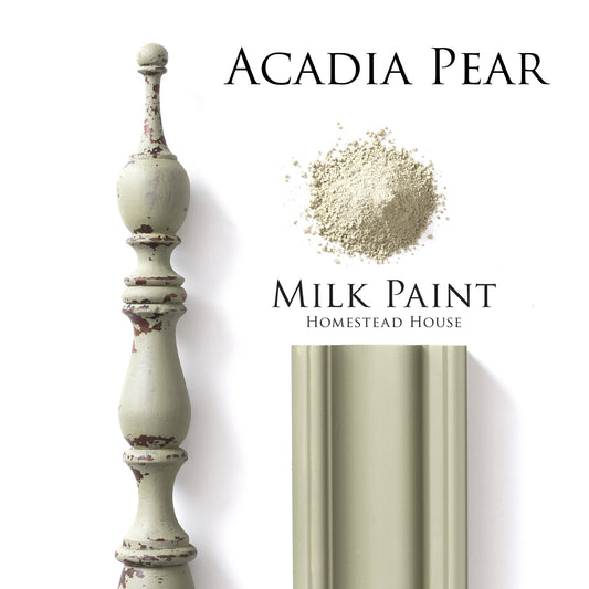 Acadia Pear Homestead House Milk Paint flatlay with milk paint powder, painted trim and distressed spindle