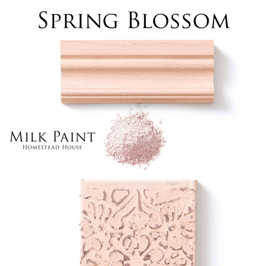 Spring Blossom Homestead House Milk Paint flat lay with powder, painted trim and distressed vintage embossed pattern sample