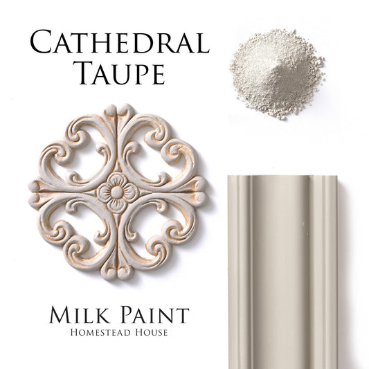 Cathedral Taupe milk paint sample on decorative wood piece and trim with paint powder