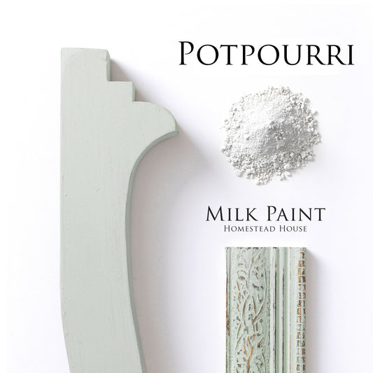Pot Pourri Homestead House Milk Paint flat lay with powder, painted trim and distressed swirly mouldings