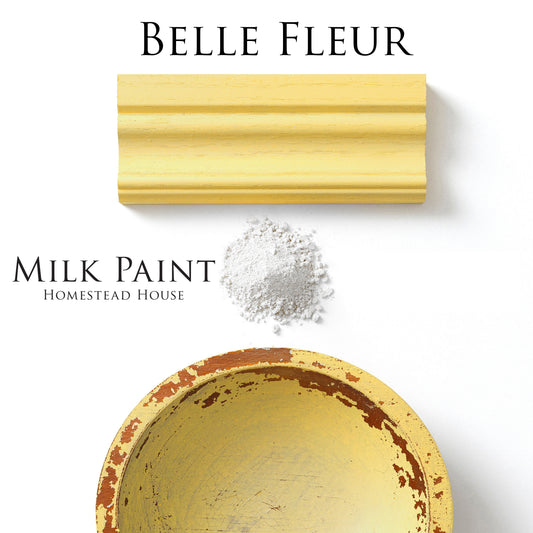 Belle Fleur Homestead House Milk Paint flat lay with powder, painted trim and distressed chippy accessory