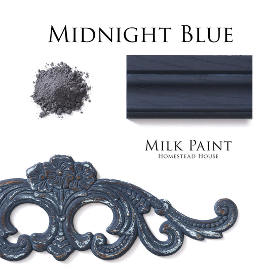 Midnight Blue milk paint flat lay with decorative moulding and color swatch on a white background