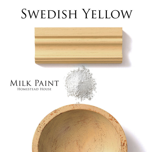 Swedish Yellow homestead House Milk Paint flatlay, powder, painted trim and vintage chippy paint bowl