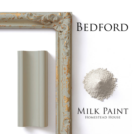 Bedford homestead House Milk Paint colour swatches with milk paint powder, painted trim and distressed patterned engraved photo frame