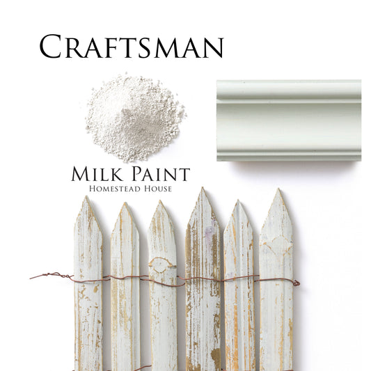 Craftsman Homestead House Milk Paint flatlay with milk paint powder, painted trim and distressed chippy fence sample tied with wire