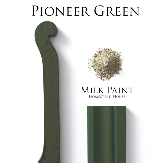 Pioneer Green milk paint with a sample and paint powder