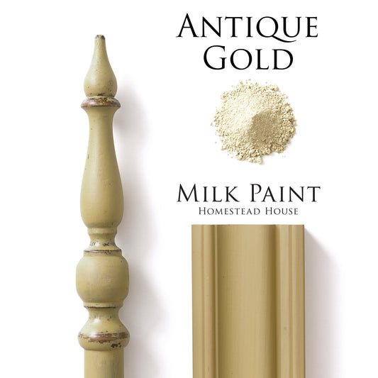 Antique Gold Homestead House Milk Paint flatlay with milk paint powder, painted trim and distressed vintage decorative spindle