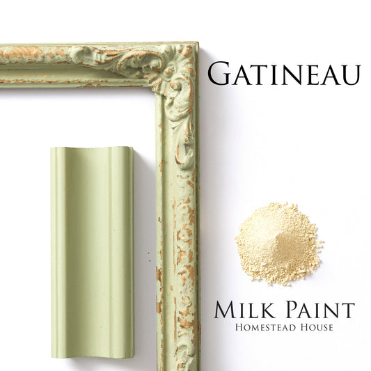 Gatineau Homestead House Milk Paint flatlay with milk paint powder, painted trim and chippy photo frame