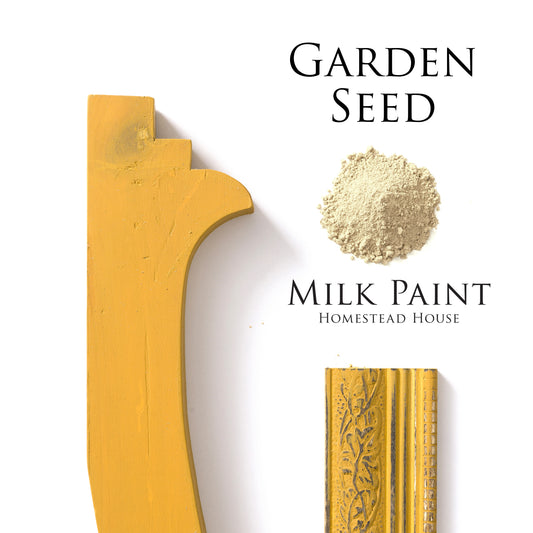 Garden Seed Homestead House Milk Paint flatlay with milk paint powder, painted decorative trim and smooth painted moulding
