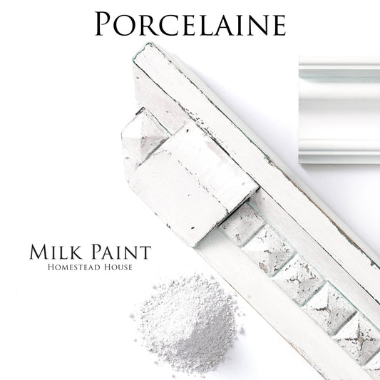 Porcelaine White Homestead House Milk Paint flat lay with powder, painted trim and distressed diamond mouldings