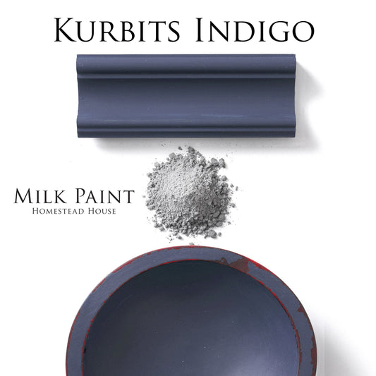 Kurbits Indigo homestead House Milk Paint flat lay with milk paint powder, painted trim and distressed painted wooden bowl