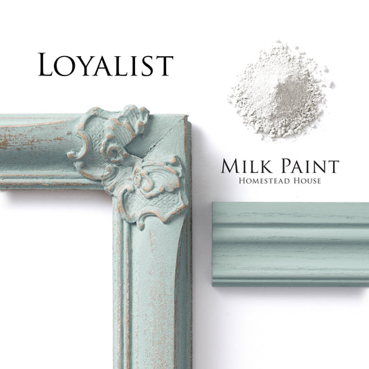 Loyalist homestead House Milk Paint flat lay with milk paint powder, solid smooth painted trim and chippy crackled photo frame
