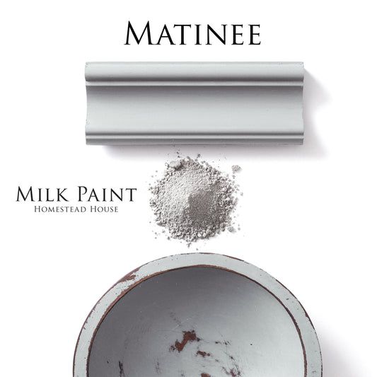 Matinee Homestead House Milk Paint flat lay with powder, painted trim and lightly aged bowl