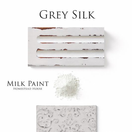 Milk paint sample with 'Grey Silk' color swatch and 'Homestead House' branding.