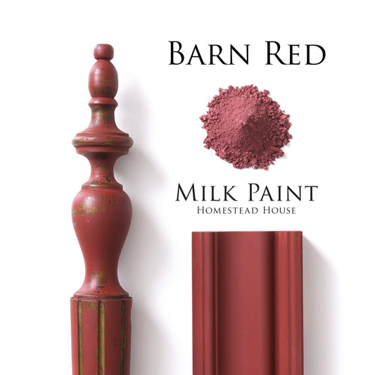 Bar Red Homestead House Milk Paint flatlay with milk paint powder, painted trim and distressed finial spindle