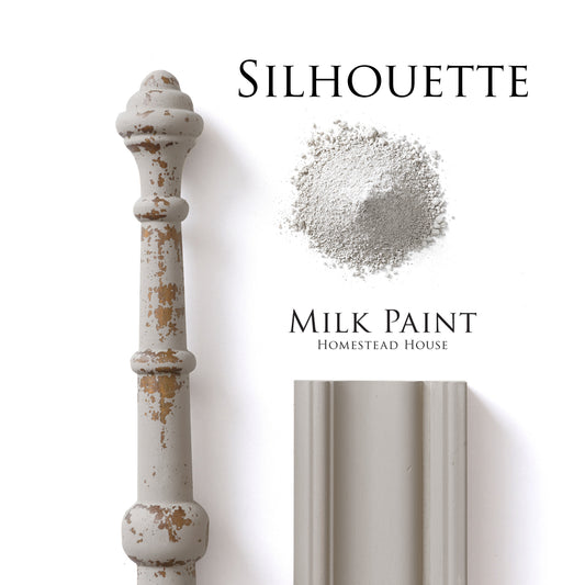 Silhouette Homestead House Milk Paint flat lay with powder, painted trim and distressed chippy paint spindle