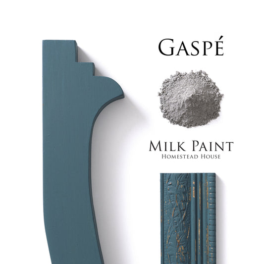 Gaspe green blue Homestead House Milk Paint flatlay with milk paint powder, painted engraved trim and moulding