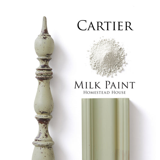 Cartier Milk Paint with a decorative spindle and sample on a white background
