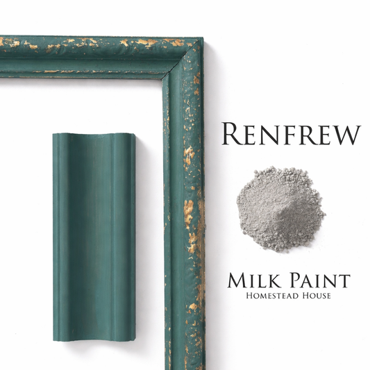 Renfrew Blue Green homestead House Milk Paint painted decorative frame with distressing and a sample of Renfrew Milk Paint on a white background
