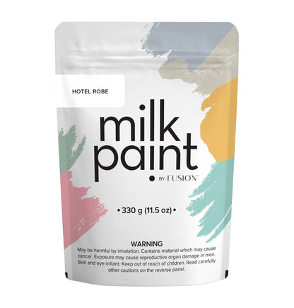 Packaging of Hotel Robe milk paint by Fusion with colorful design on a white background