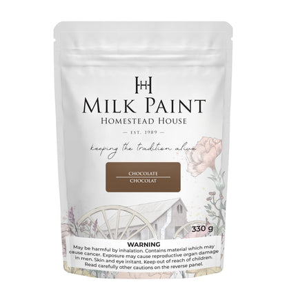 Packaging of Homestead House Milk Paint in Chocolate color on a white background