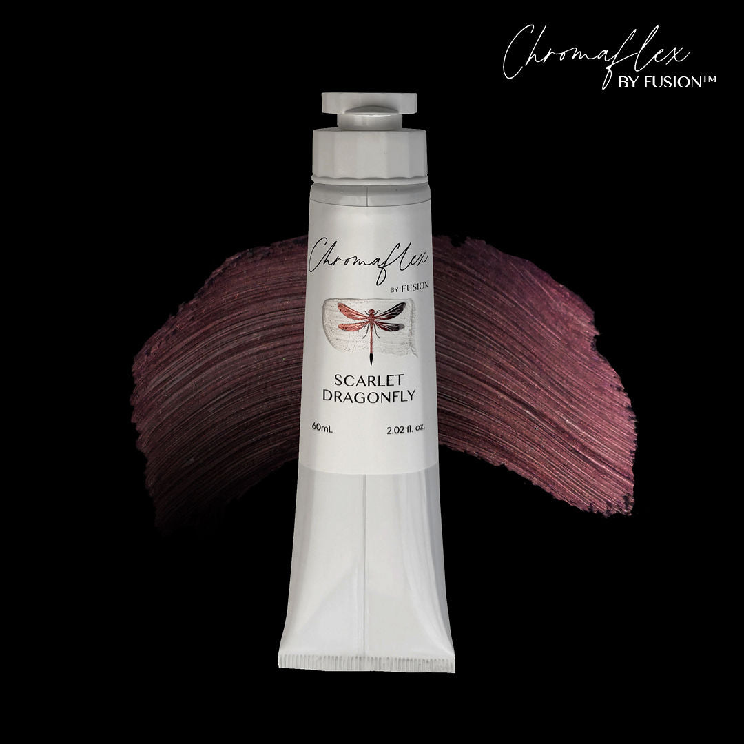 Chromaflex by Fusion Scarlet Dragonfly paint tube with color swatch on a black background