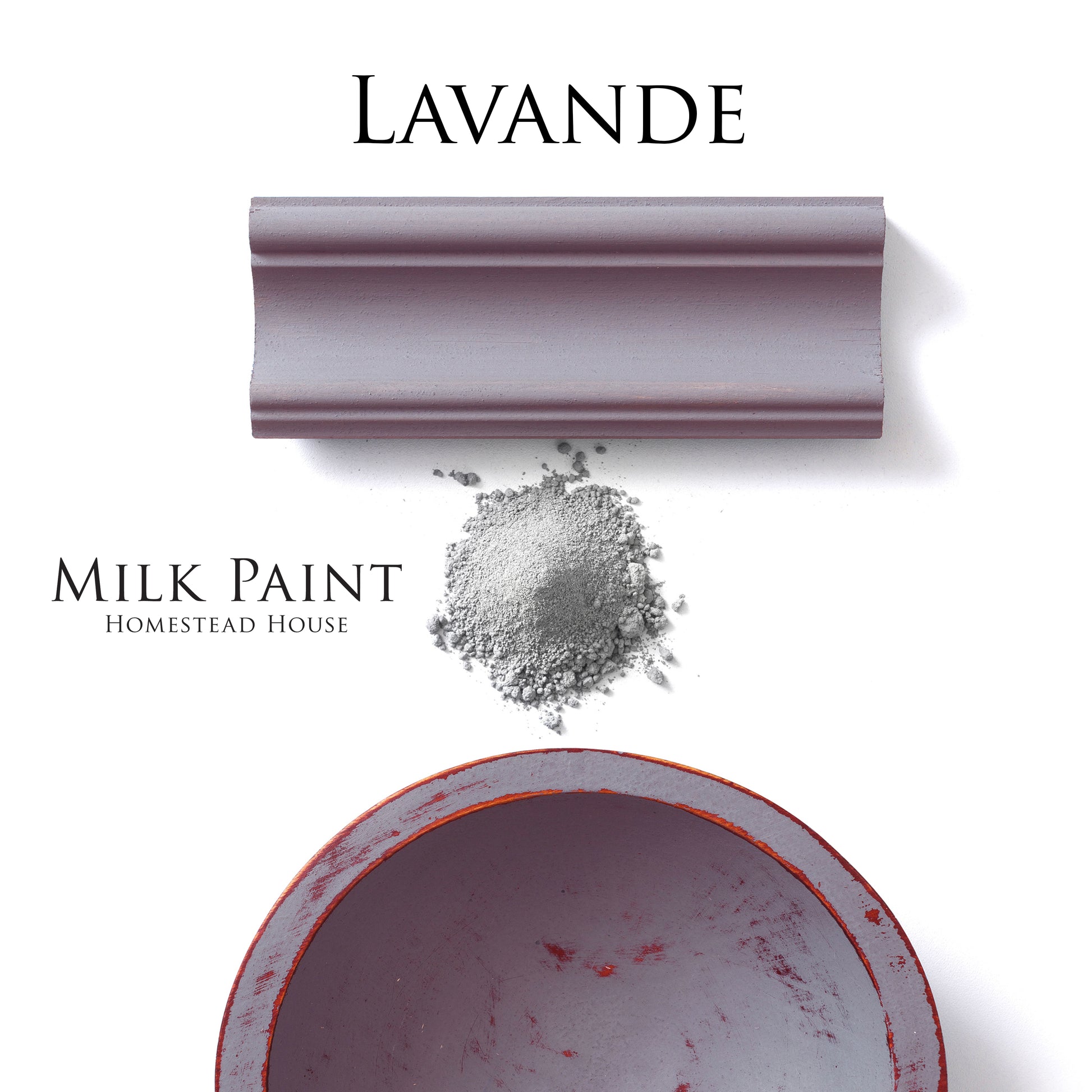 Lavande Homestead House Milk Paint Flat Lay with powder, painted trim and chippy bowl