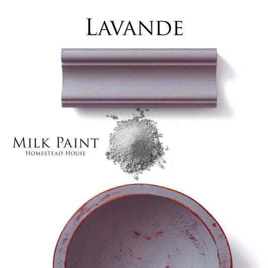 Lavande Homestead House Milk Paint Flat Lay with powder, painted trim and chippy bowl