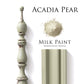 Acadia Pear Homestead House Milk Paint flatlay with milk paint powder, painted trim and distressed spindle
