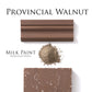 Provincial Walnut Homestead House milk paint swatch, powder, and sample on a white background