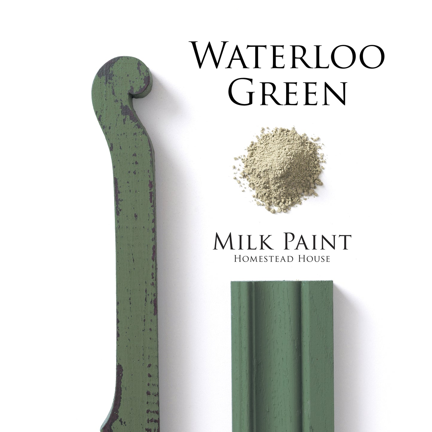 Waterloo Green homestead House Milk Paint colour swatches on distressed trim, painted moulding and milk paint powder
