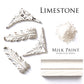 Homestead House Milk Paint Limestone milk paint samples on decorative corner pieces and a sample on a white background