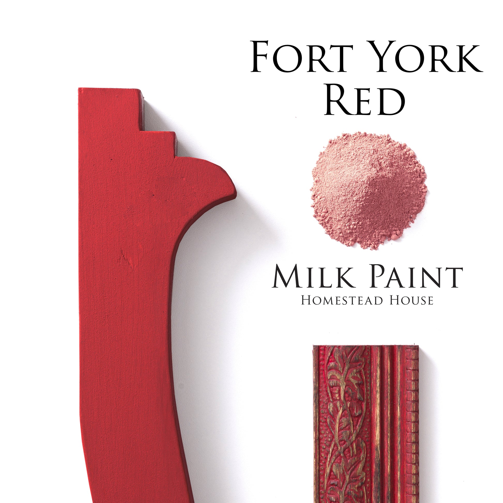 Fort York Red milk paint trim sample, with milk paint powder and sandedcback patterned moulding and Homestead House branding on a white background