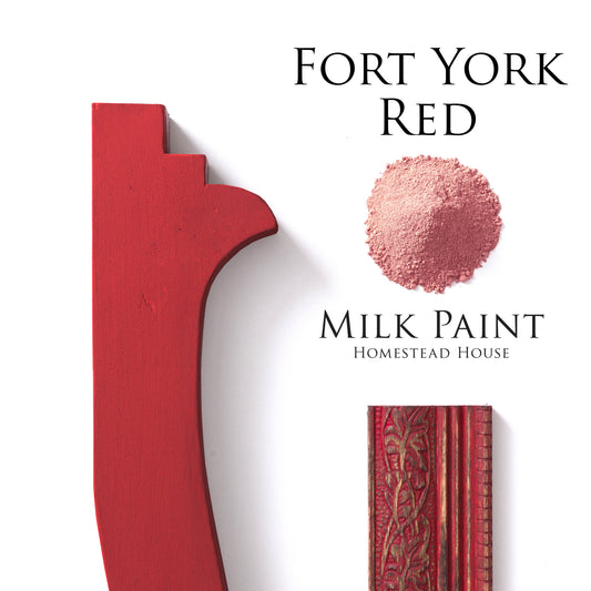 Fort York Red milk paint trim sample, with milk paint powder and sandedcback patterned moulding and Homestead House branding on a white background