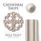 Cathedral Taupe milk paint sample on decorative wood piece and trim with paint powder