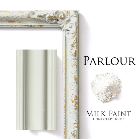 Parlour Homestead House Milk Paint flatlay, milk paint powder, painted trim and chippy distressed photo frame moulding