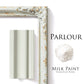 Parlour Homestead House Milk Paint flatlay, milk paint powder, painted trim and chippy distressed photo frame moulding