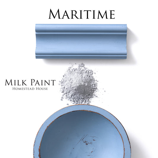 Maritime Blue Homestead House Milk Paint Flatlay, Powder, painted trim and chippy painted wooden bowl