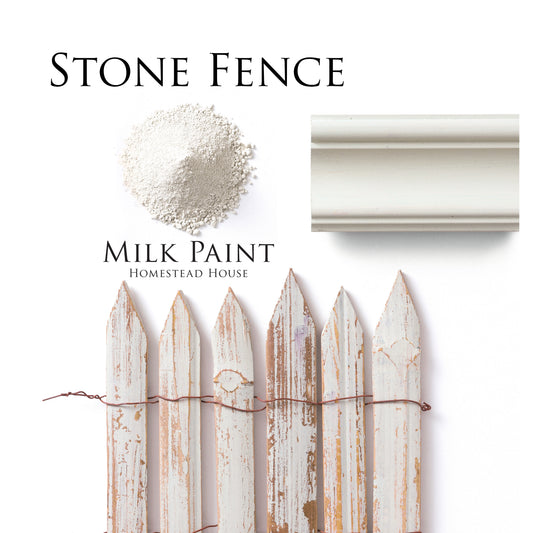 Homestead House Milk Paint Stone Fence samples, milk paint powder, painted trim and distressed fence tied with wire