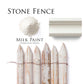 Homestead House Milk Paint Stone Fence samples, milk paint powder, painted trim and distressed fence tied with wire
