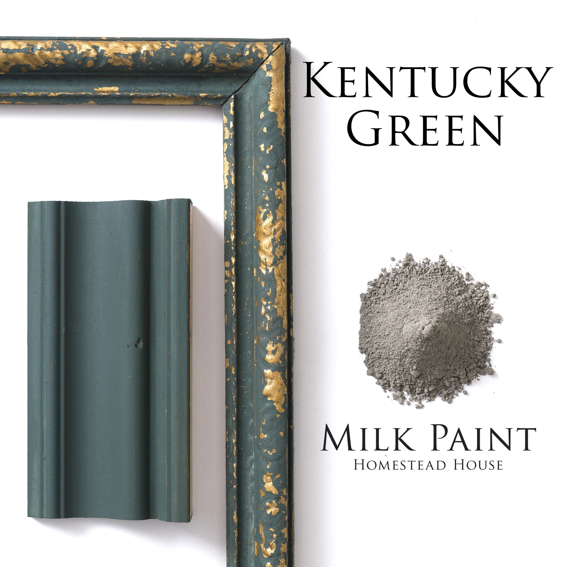 Kentucky Green milk paint sample with a decorative frame and color swatch on a white background.