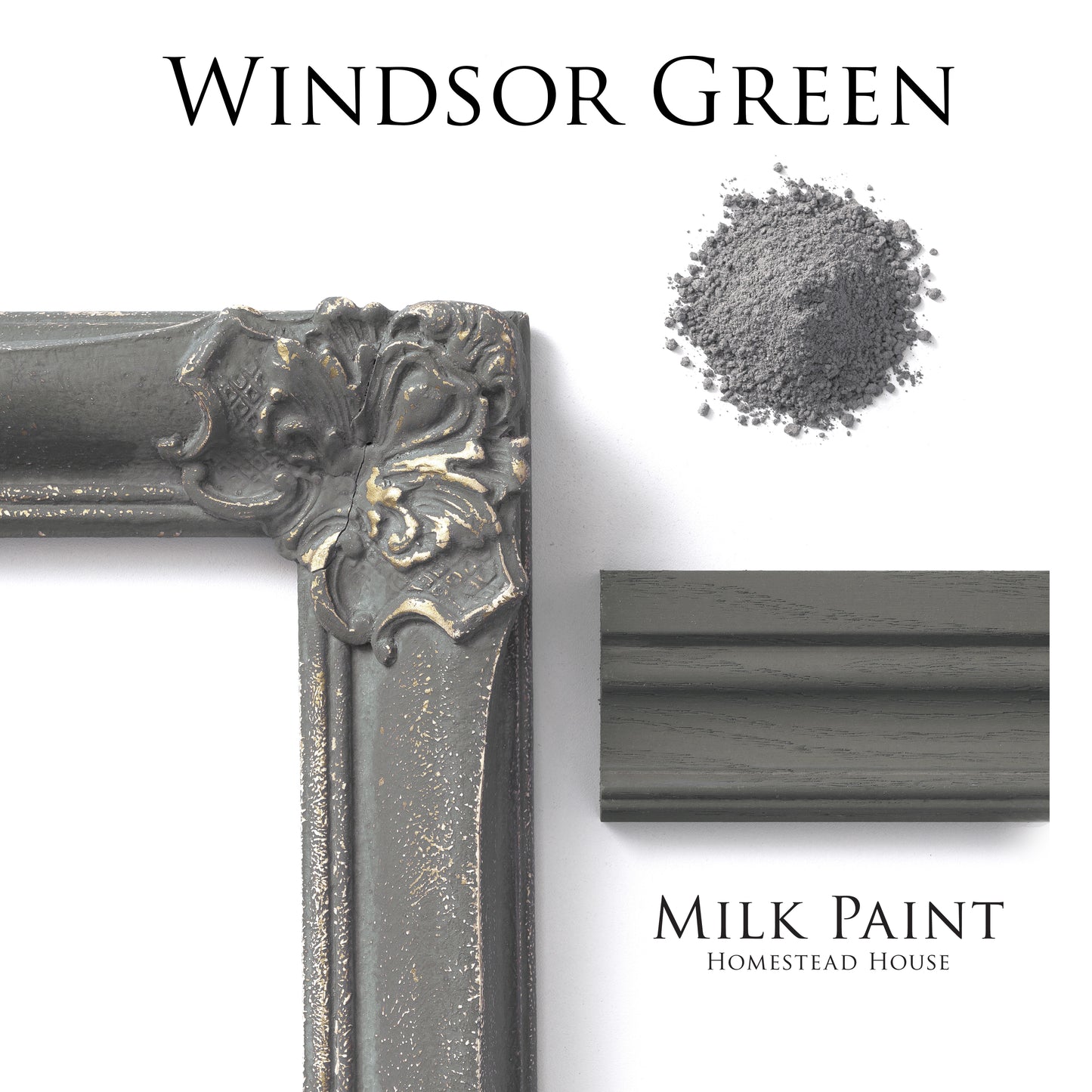Windsor Green milk paint swatch on decorative frame with milk paint powder sample