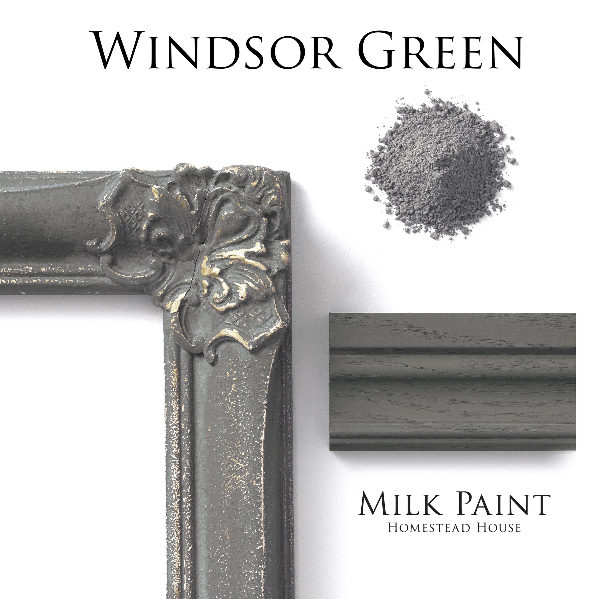 Windsor Green milk paint swatch on decorative frame with milk paint powder sample