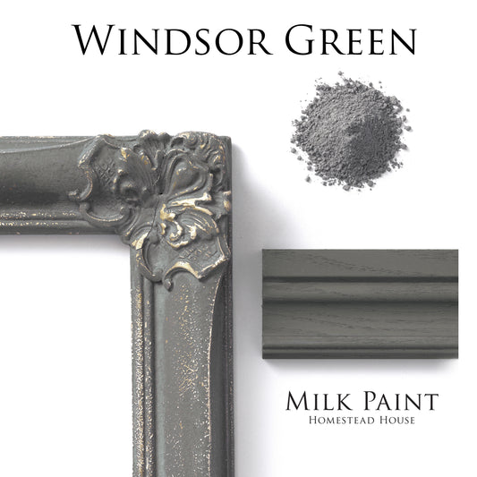 Windsor Green milk paint swatch on decorative frame with milk paint powder sample
